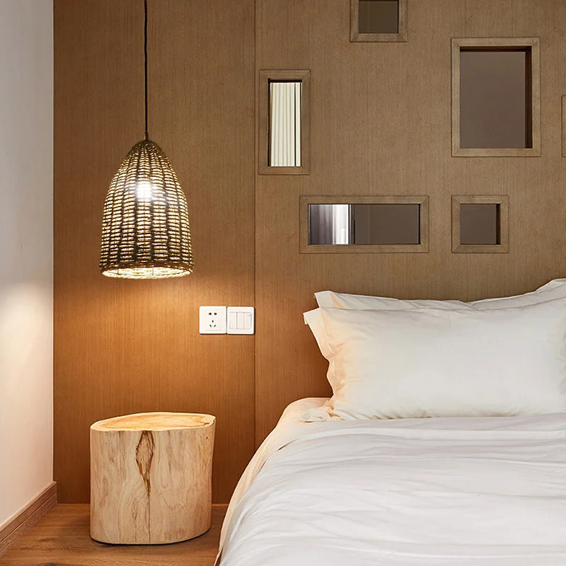 Rattan Bell Pendant Light Rustic Hanging Lampshade For Bedroom