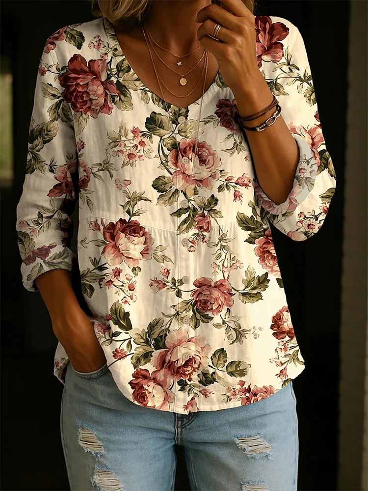 Women's Vintage Flower Art Print Casual Cotton Shirt