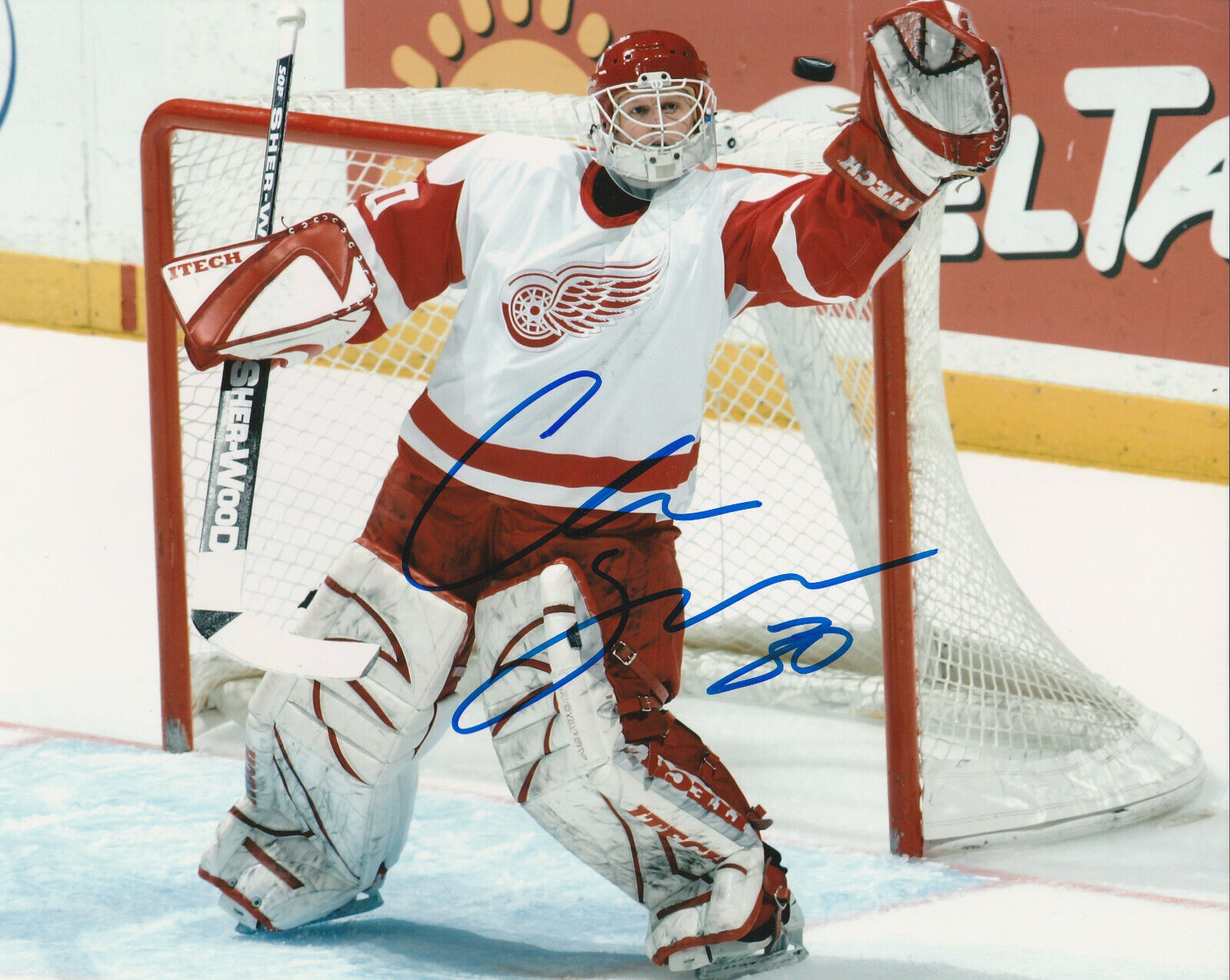 CHRIS OSGOOD SIGNED DETROIT RED WINGS GOALIE 8x10 Photo Poster painting #3 Autograph