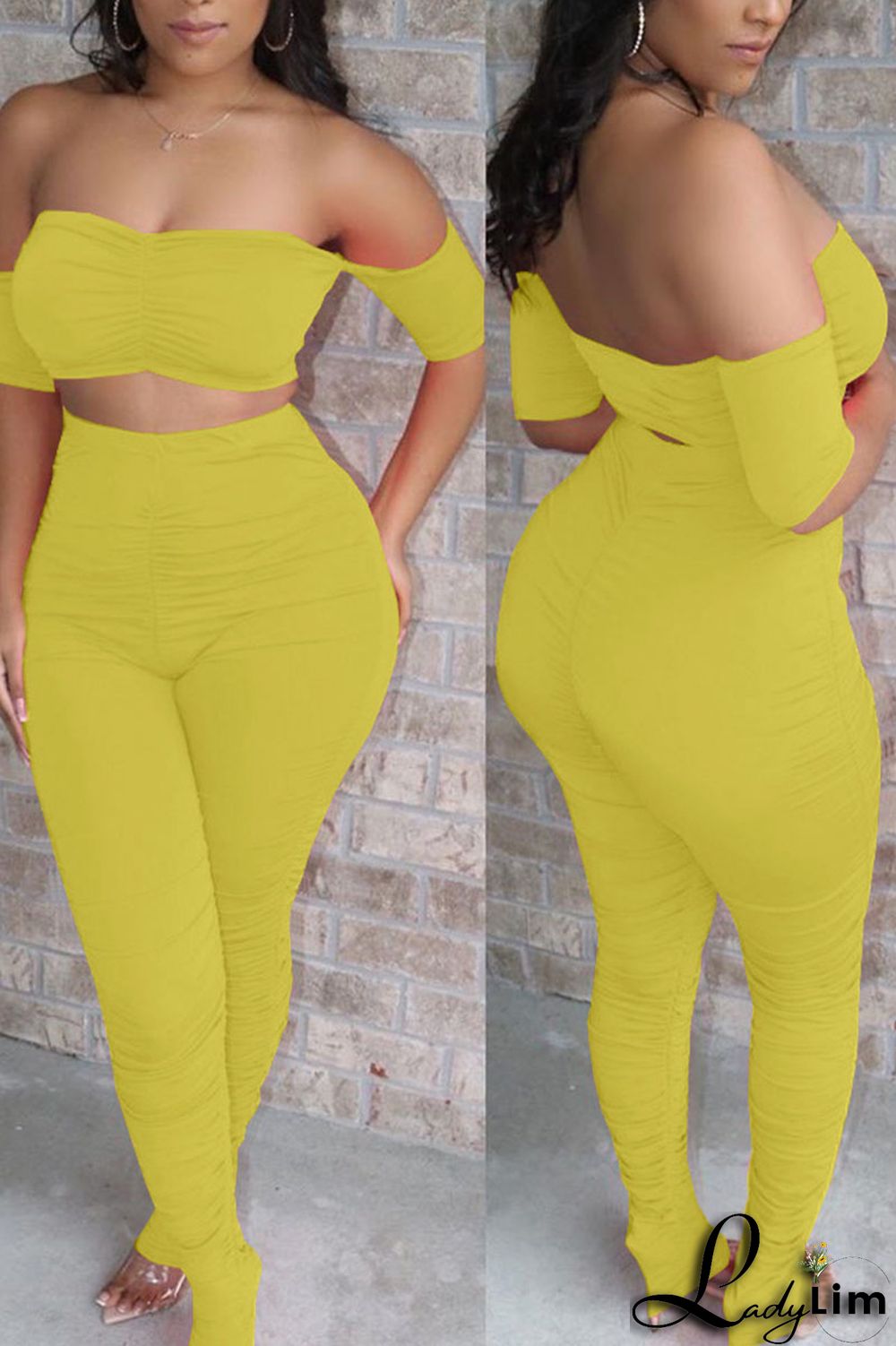 Watermelon Red Sexy Solid Split Joint Fold Off the Shoulder Short Sleeve Two Pieces