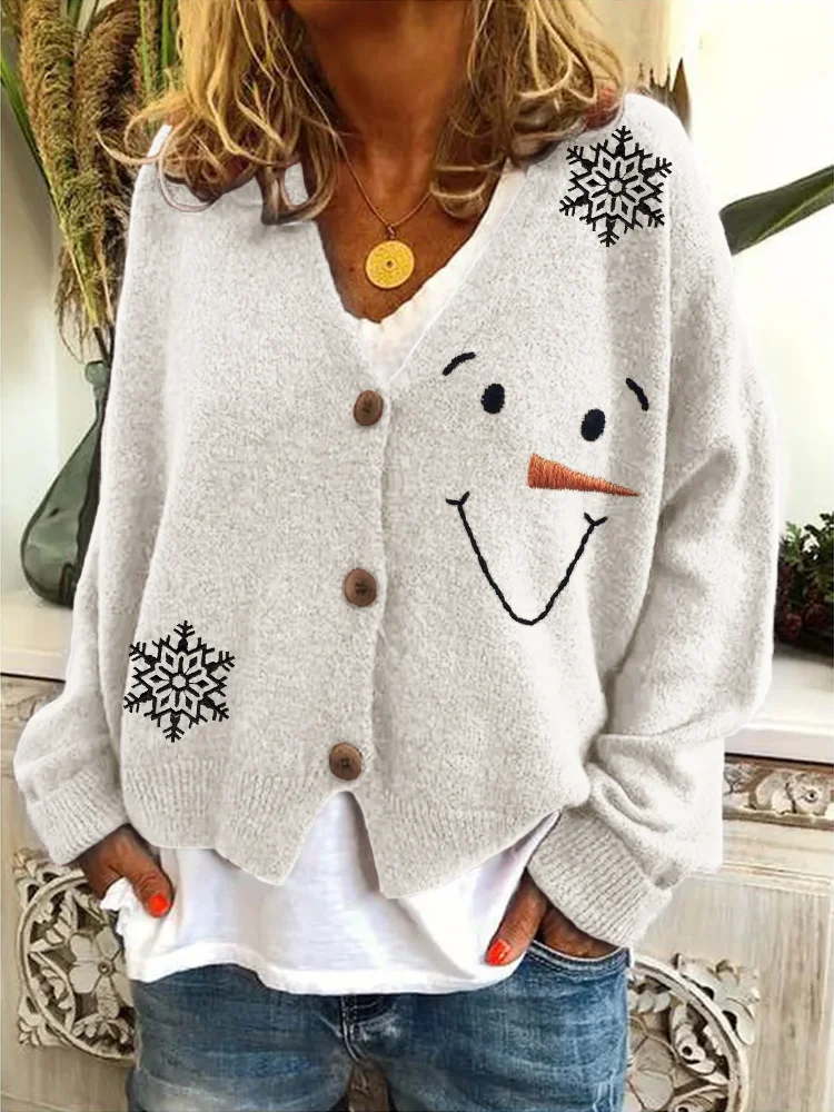 Comstylish Snowman Face & Snowflakes Embroidery Cozy Knit Cardigan