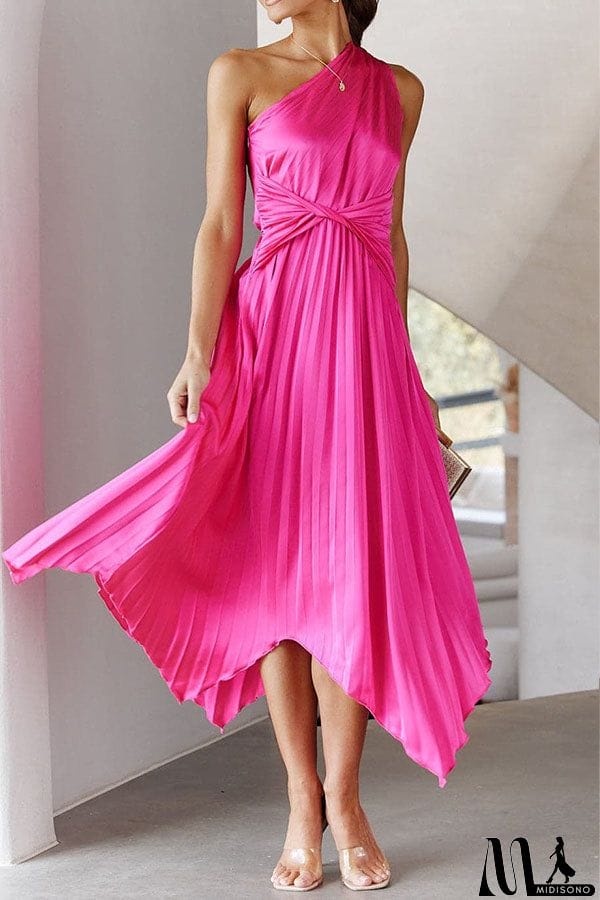 MidiSono - Satin One Shoulder Pleated Midi Dress