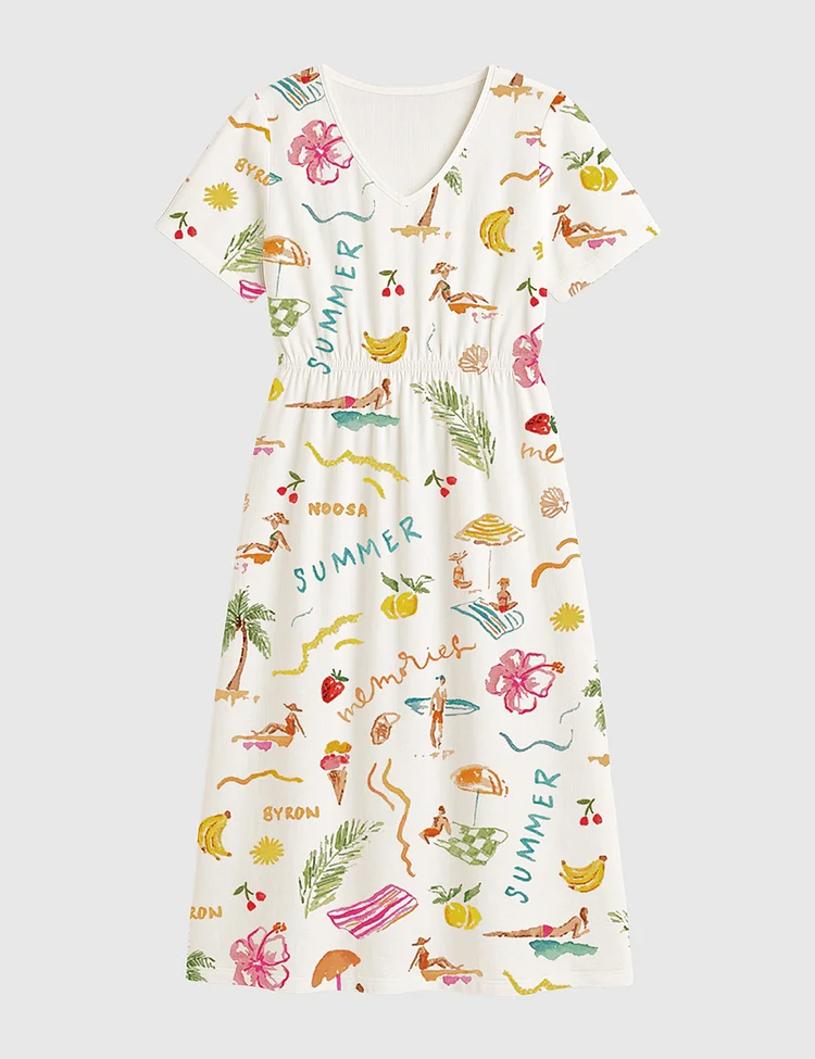 Women&rsquo;s Summer Memories Fruity Cocktails Tropical Trees Sandy Beaches Short Sleeve Dress
