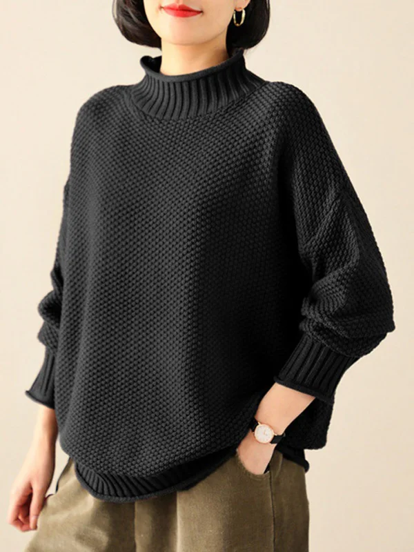 Casual Loose Long Sleeves Solid Color High-Neck Sweater Tops