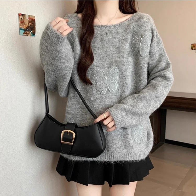 Athvotar Athvotar Three-Dimensional Butterfly Knitted Shirt Lazy Spring And Autumn Collar High-End Sweater Top New Spring And Autumn Winter