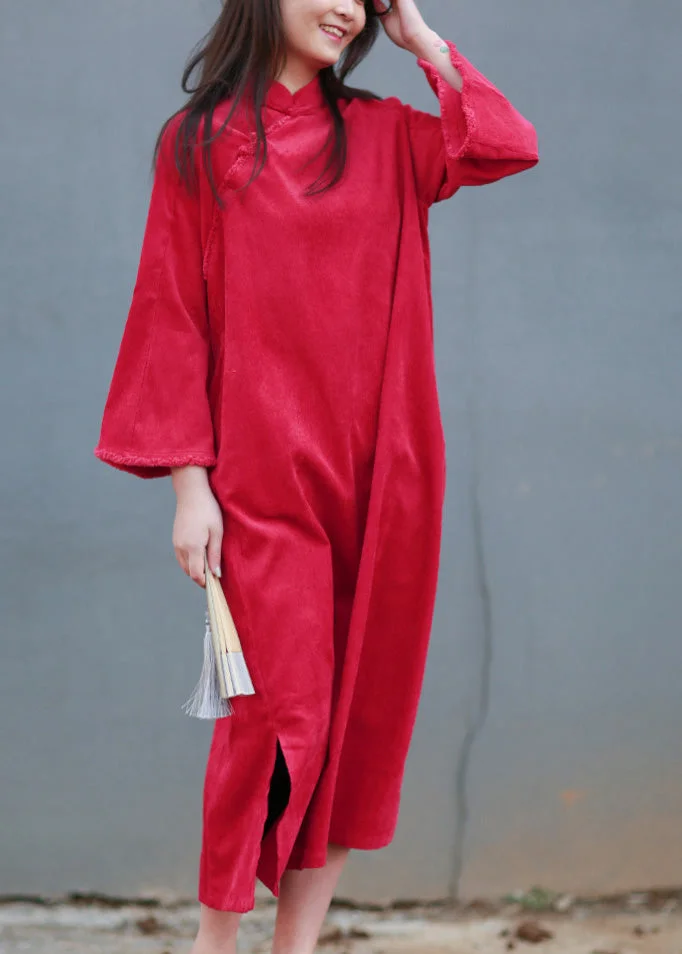 Rose Stand Collar Side Open Holiday Maxi Dress Spring