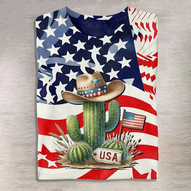 Western Style Cactus American Flag Printed Casual Short-sleeved T-shirt