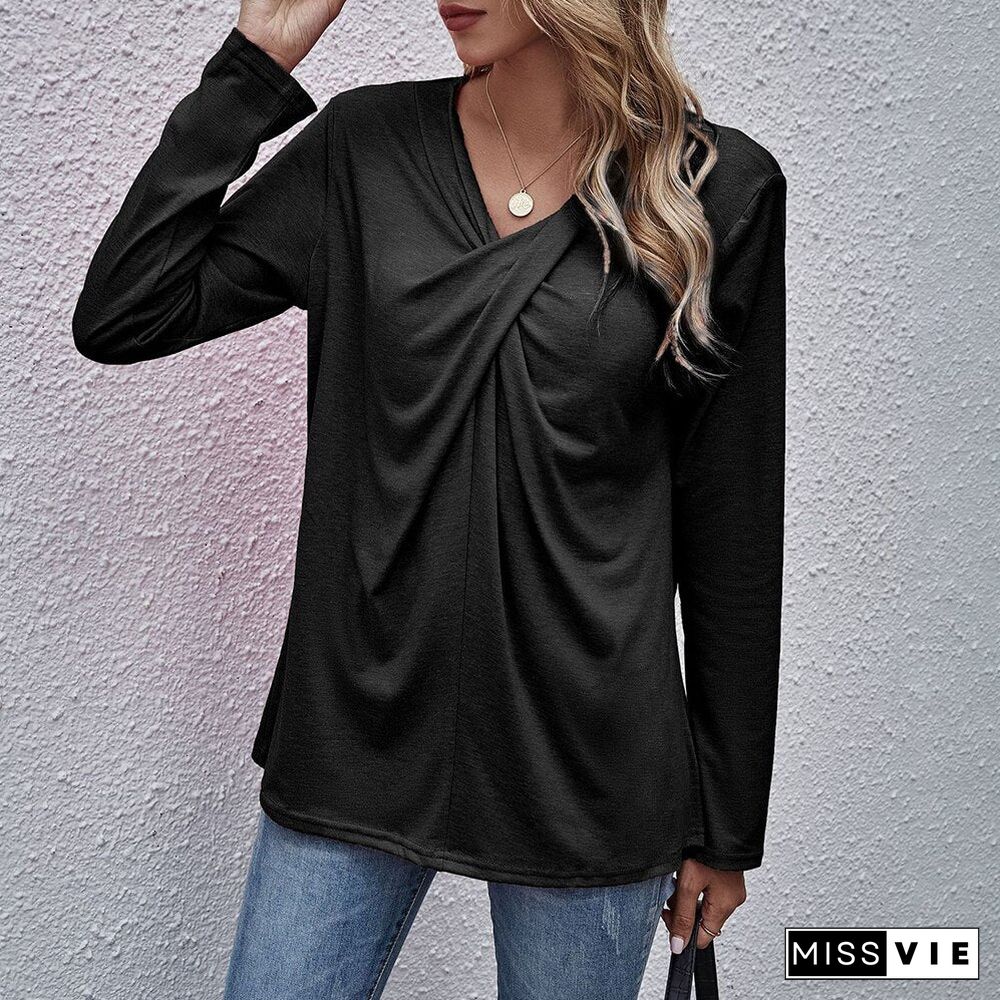Autumn Spring Tops Women Casual Long Sleeve Cross Neck T-Shirts Fashion Female Stitching Tees Loose Pullover Solid Tops
