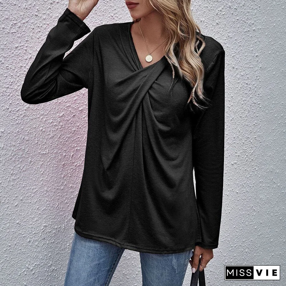 Autumn Spring Tops Women Casual Long Sleeve Cross Neck T-Shirts Fashion Female Stitching Tees Loose Pullover Solid Tops