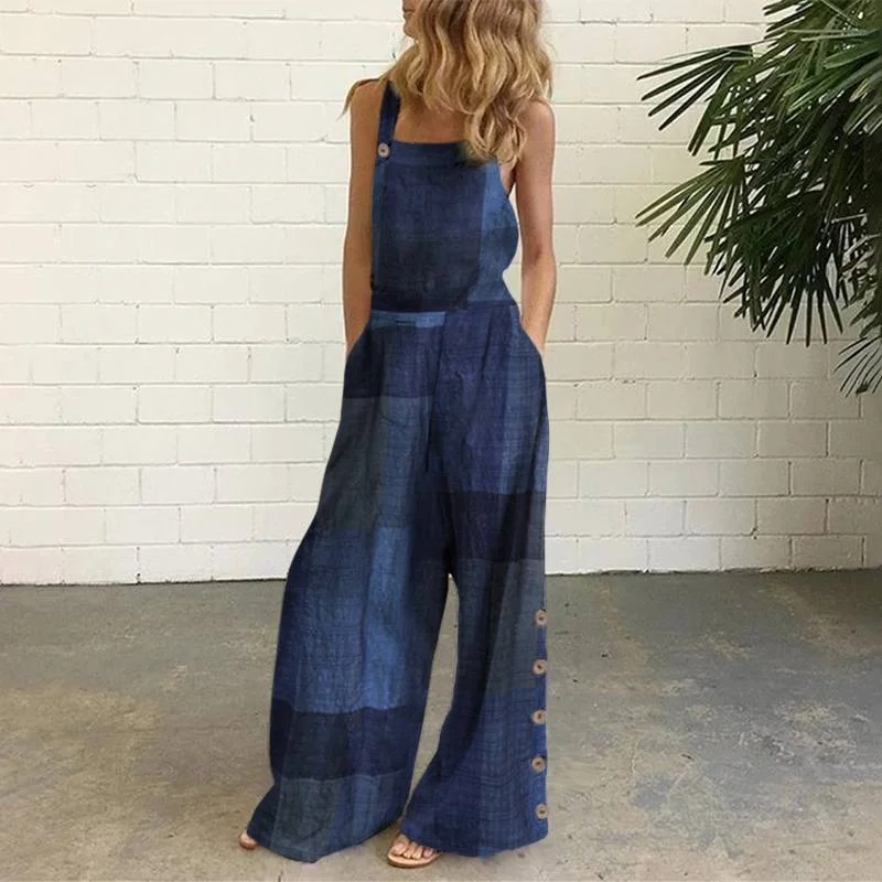VONDA Jumpsuits Women Rompers Sexy Sleeveless Full Length Wide Leg Overalls Summer Pockets Vintage Patchwork Cotton Playsuits