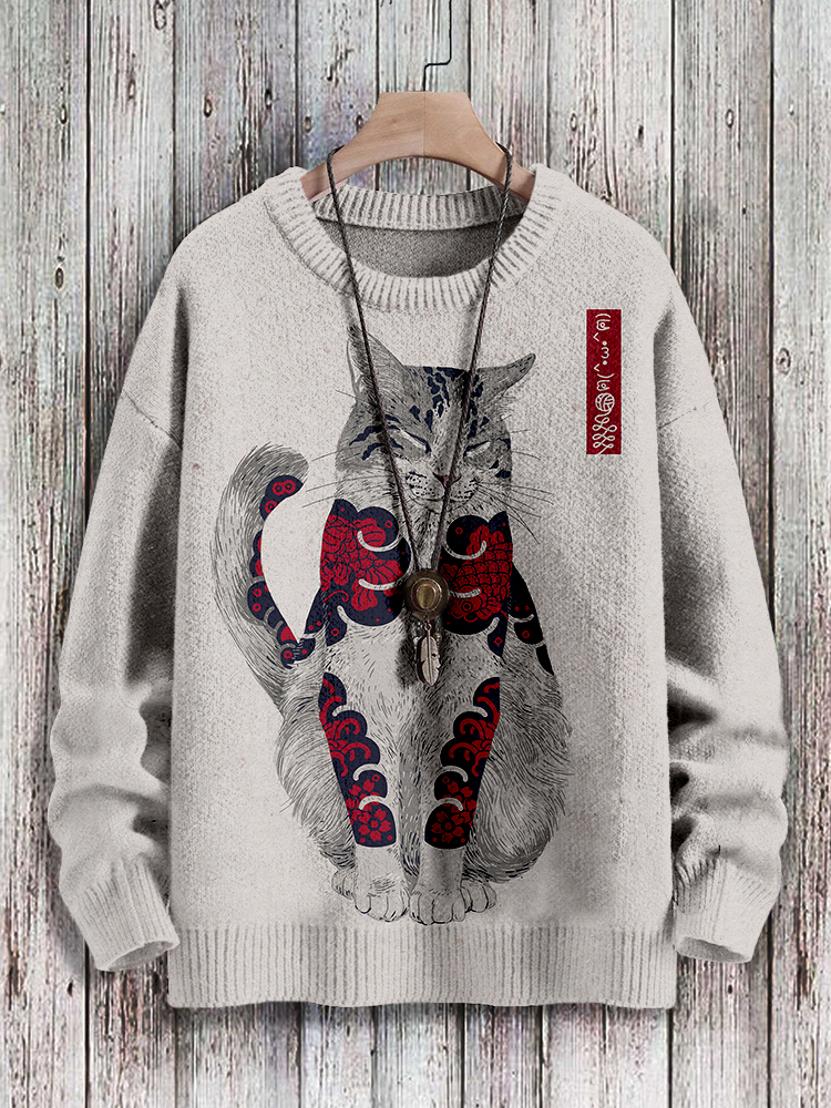 menweary Men's Japanese Cats with Tatts Pattern Cozy Pullover Sweater