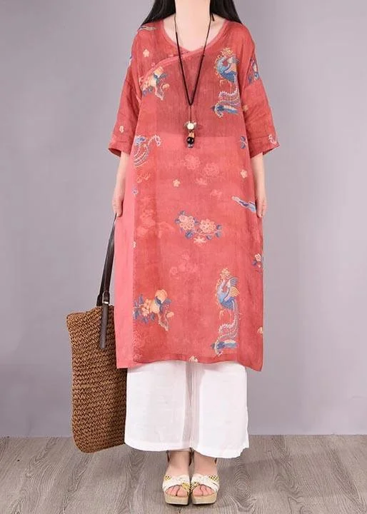 Art Linen Outfit Women Casual Print Animal Side Open Dress