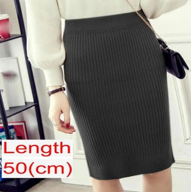 Women Knitted Pencil Skirts Slim Solid Basic Ladies Office High Waist Elegant Midi Skirt 2020 Autumn Winter Warm Womens Skirts