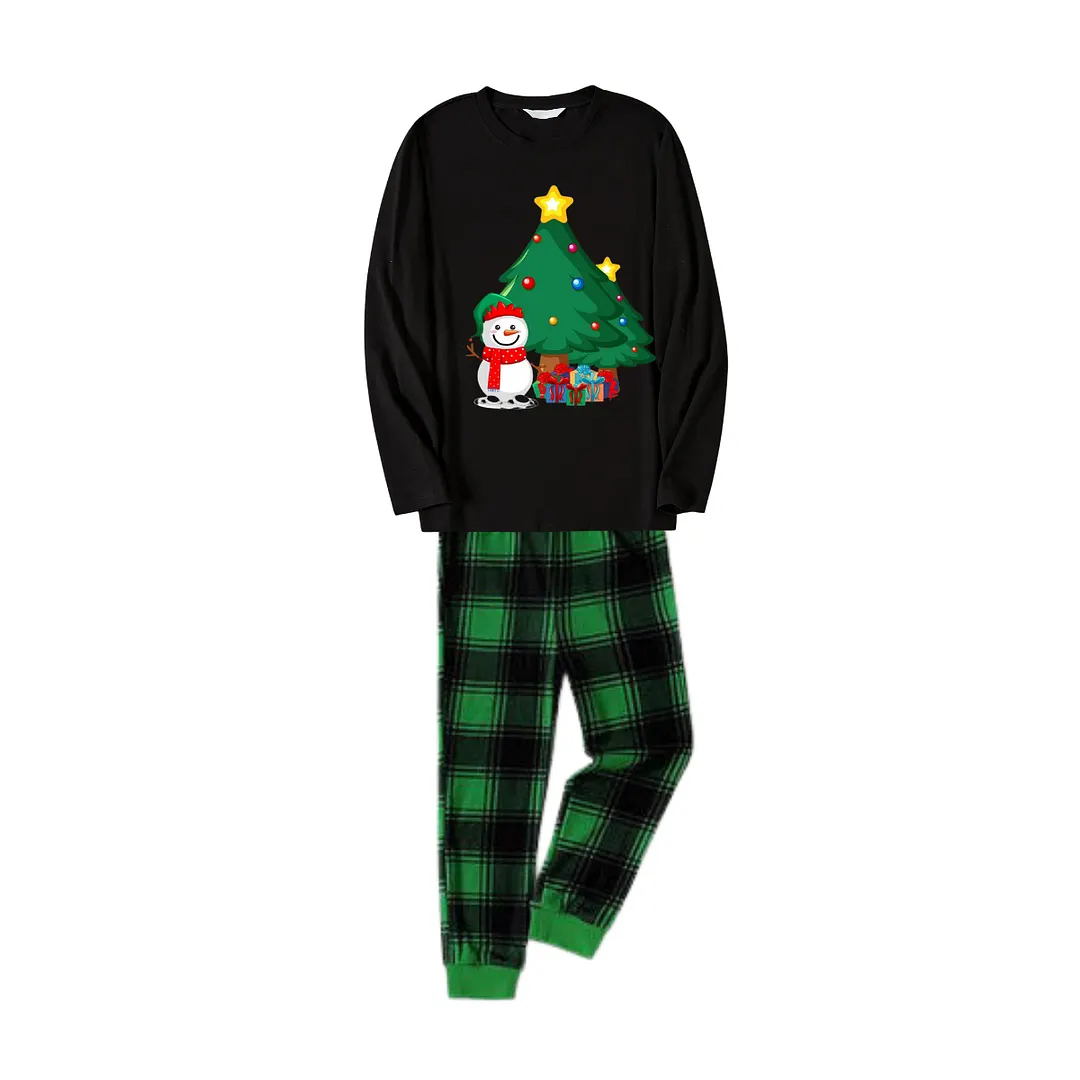 Christmas Tree And Smiling Snowman with Gift Pattern Black Long Sleeve Top with Black And Green Plaid Pants Family Matching Pajamas