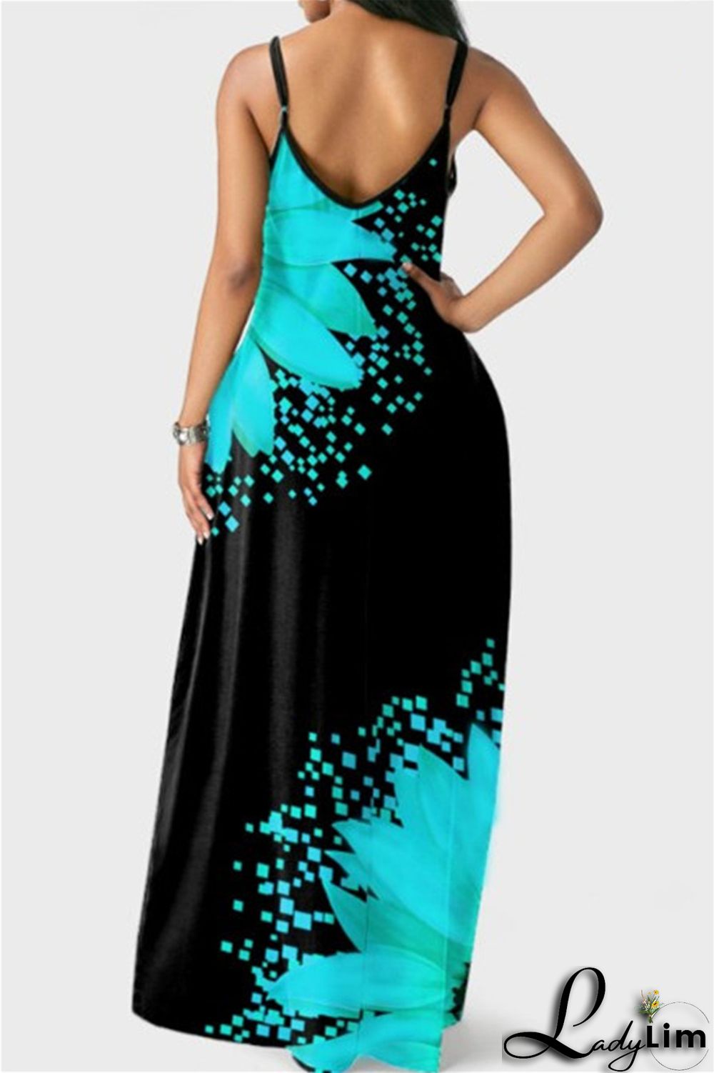 Yellow Fashion Sexy Print Backless Spaghetti Strap Long Dress