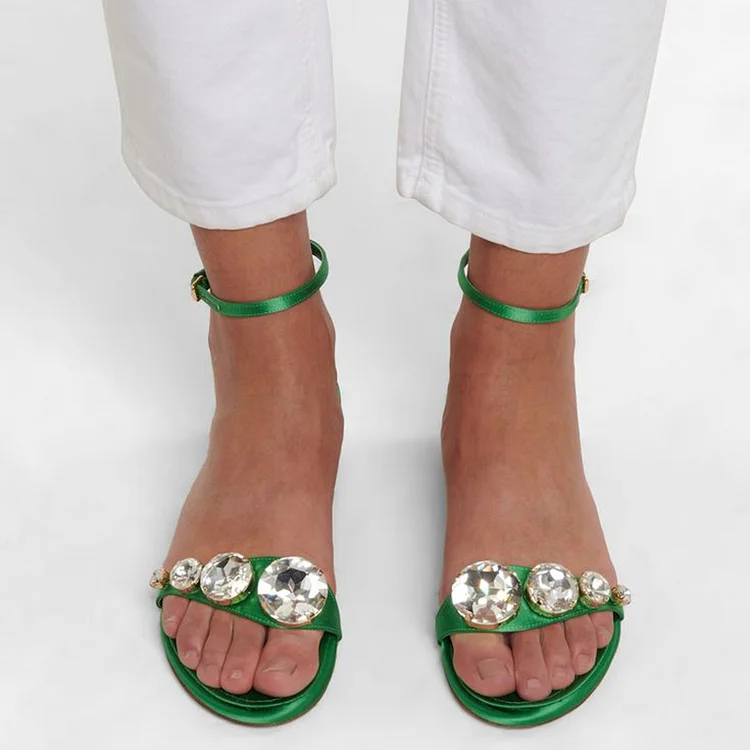 Green Satin Ankle Strap Crystal Embellished Flat Sandals for Women |FSJ Shoes
