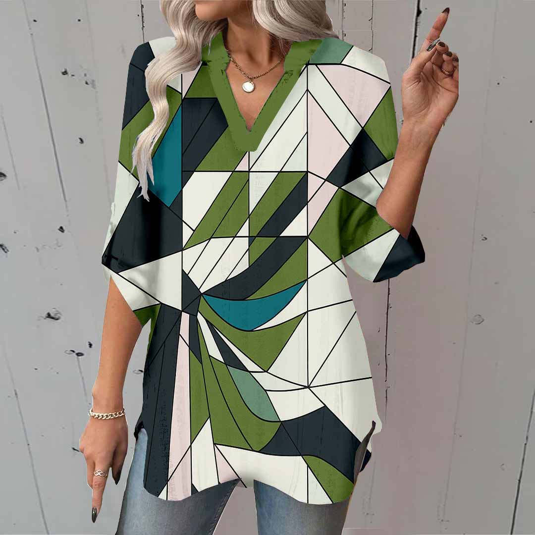 Women Geometric, Green, Pink DZGA0184 3/4 Sleeve V-neck Printed Graphic Button Tops