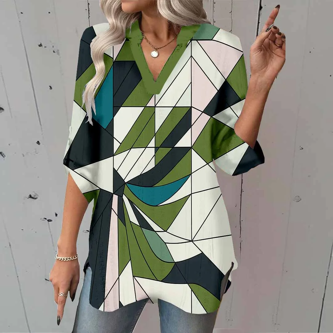 Women Geometric, Green, Pink DZGA0184 3/4 Sleeve V-neck Printed Graphic Button Tops