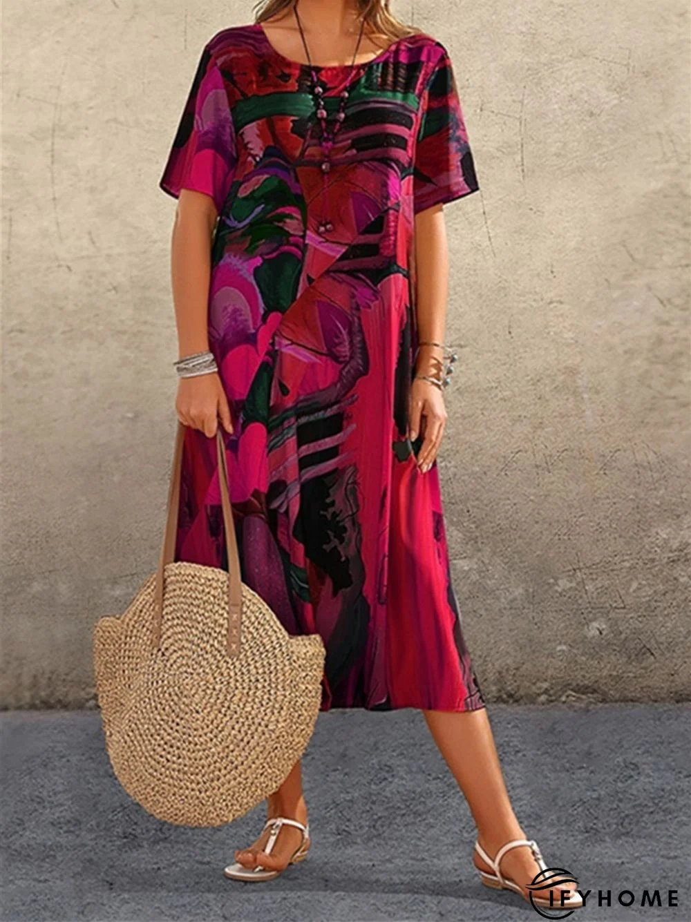 Fashion Casual Print Dress Short Sleeved Beach Dress | IFYHOME