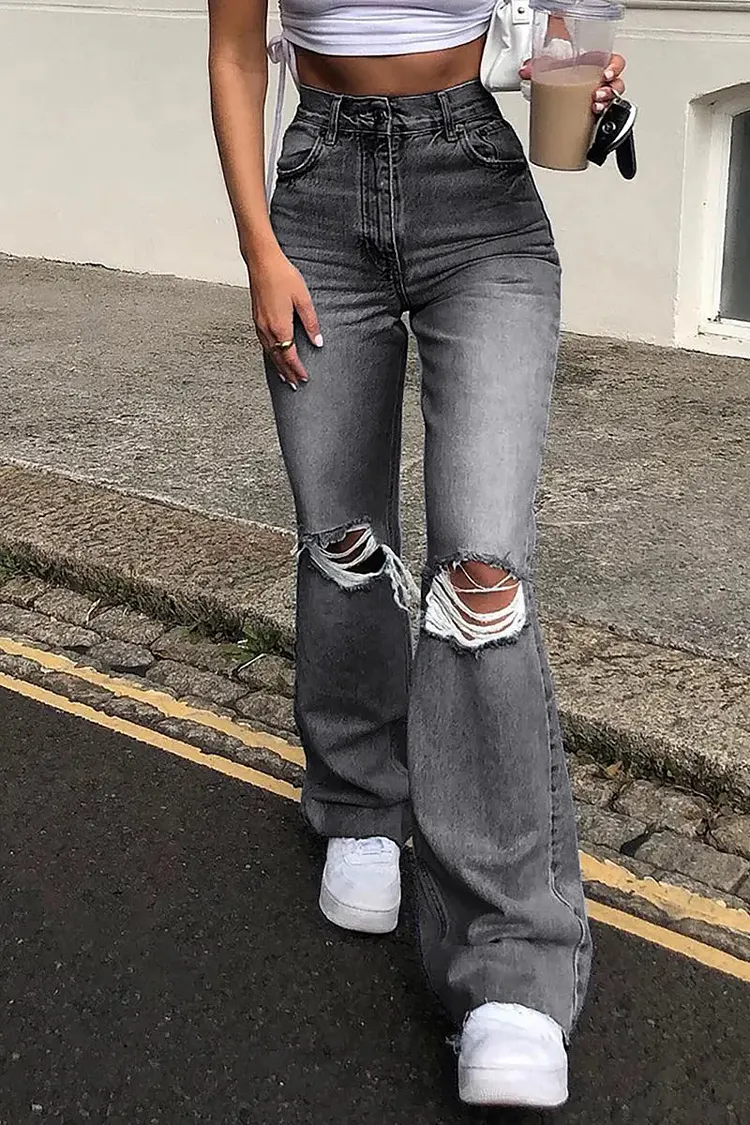 Flared Distressed Wide-Leg Jeans