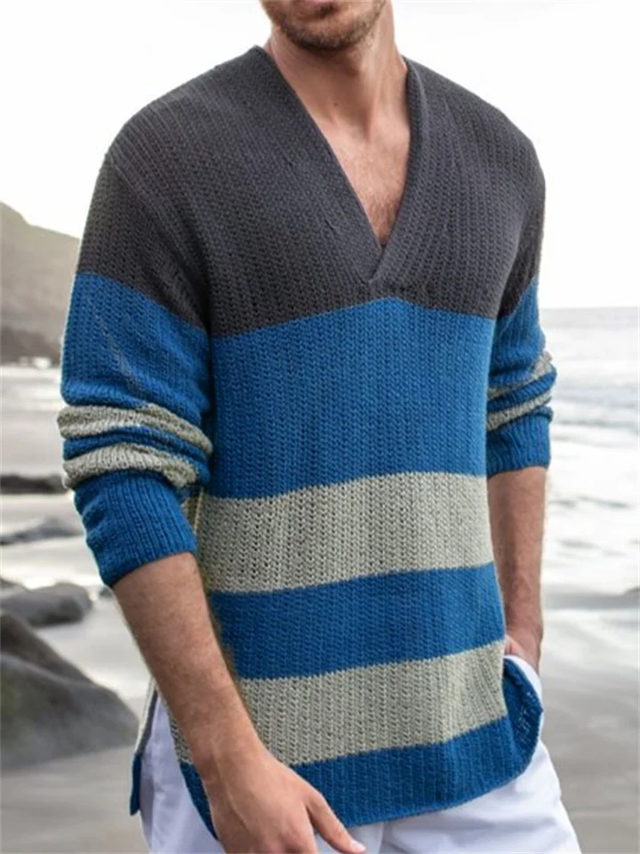 Contrast Color Stripe V-neck Long Sleeve Men's Knitted Sweater | EGEMISS