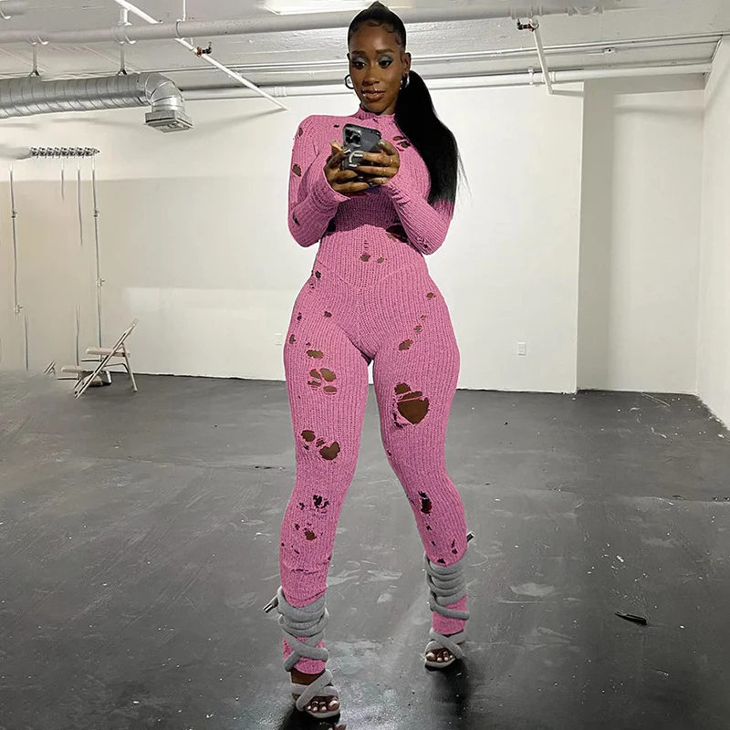 Uveng Uveng Women's Clothing 2023 Autumn And Winter 2023 New Fashion Hole Long Sleeves Strap With Wool Long Jumpsuit