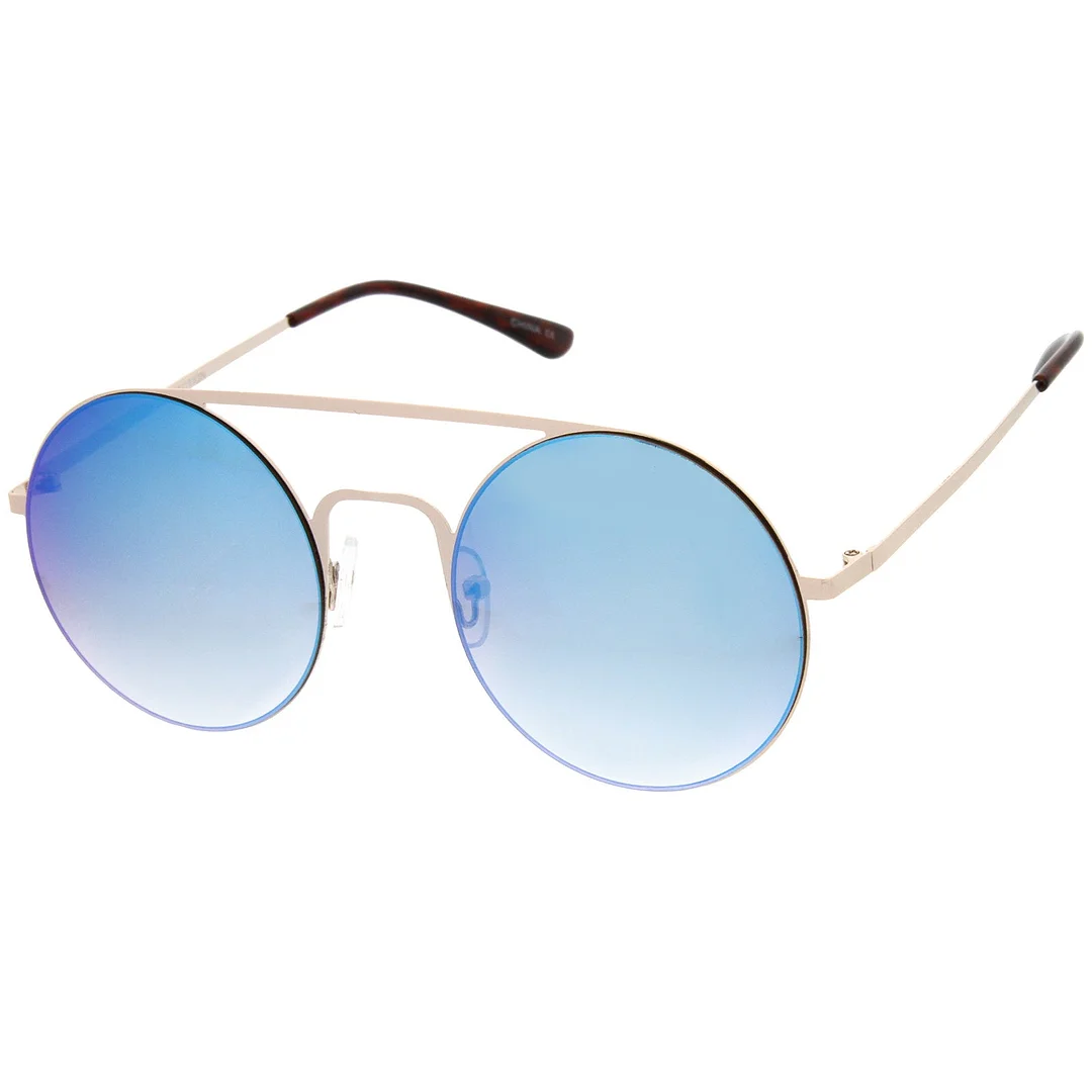 Modern Slim Double Nose Bridge Colored Mirror Flat Lens Round glasses 53mm