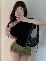 Ejiekang Y2k Aesthetic Irregular 2025 Summer Skew Collar T-shirts Off Shoulder Casual Slim Crop Tops Woemn Elegant Sexy Short Sleeve Tees