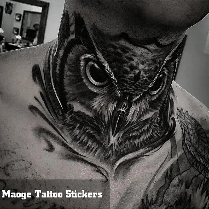 Black Owl Temporary Tattoo Sticker Waterproof Lasting Hand-Painted Hand Back Neck Fake Tattoo Big Personality Tattoo Sticker Men