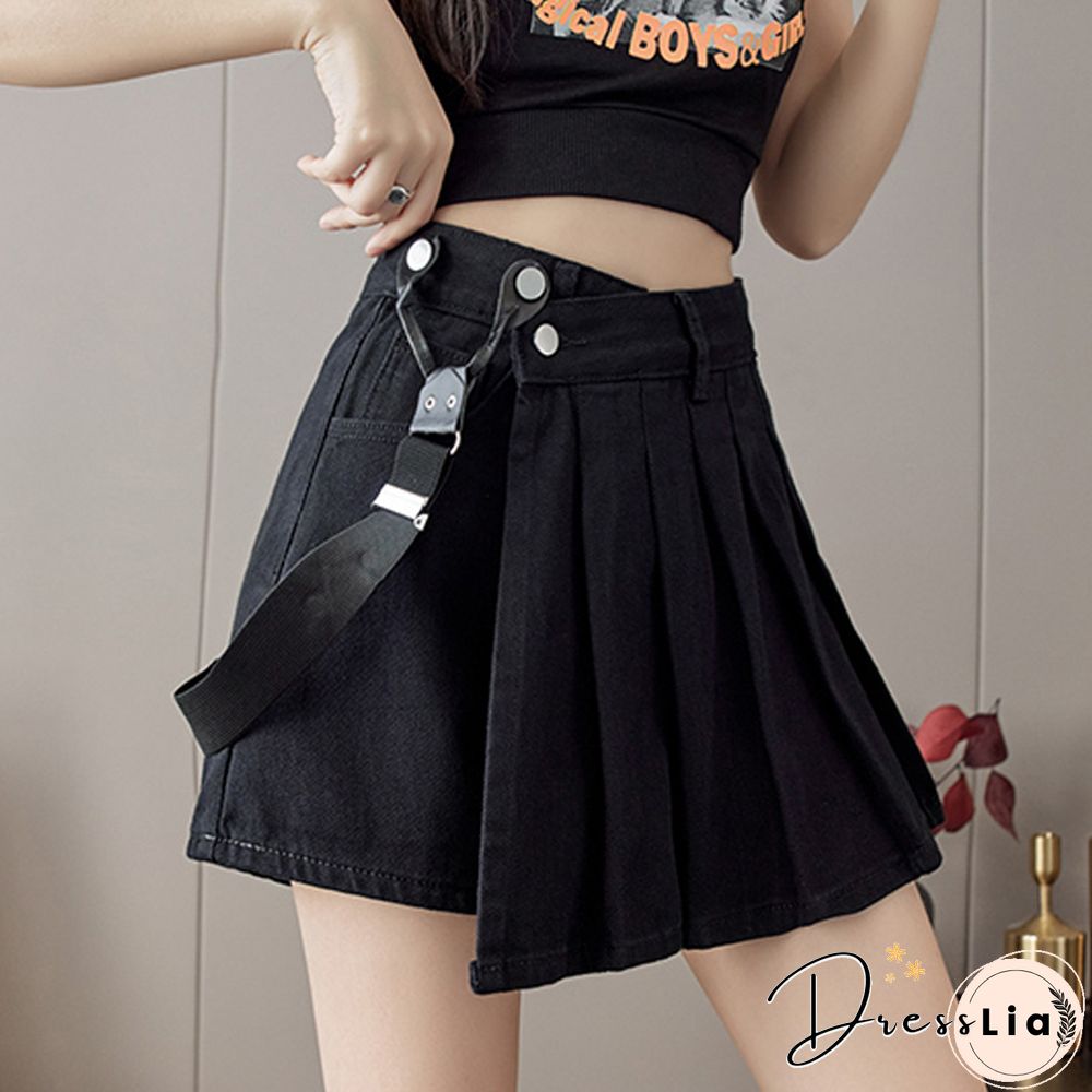 Summer Korean Fashion Design Shoulder Strap Pleated Skirt Women High Waist A Line Mini Skirts All Match Casual Skirts New
