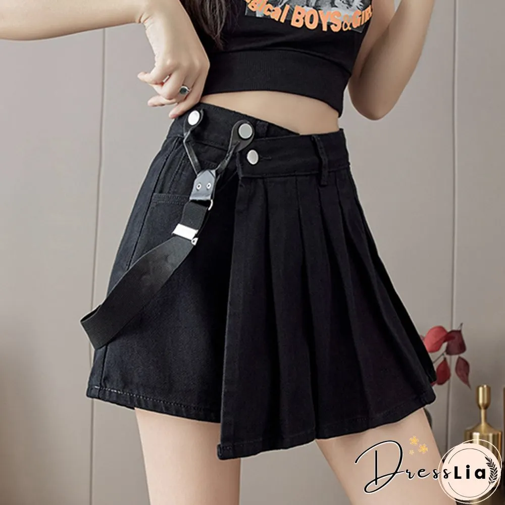 Summer Korean Fashion Design Shoulder Strap Pleated Skirt Women High Waist A Line Mini Skirts All Match Casual Skirts New