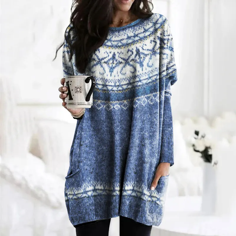 Icelandic Pattern Snowflake Jacquard Vintage Pocket Sweater