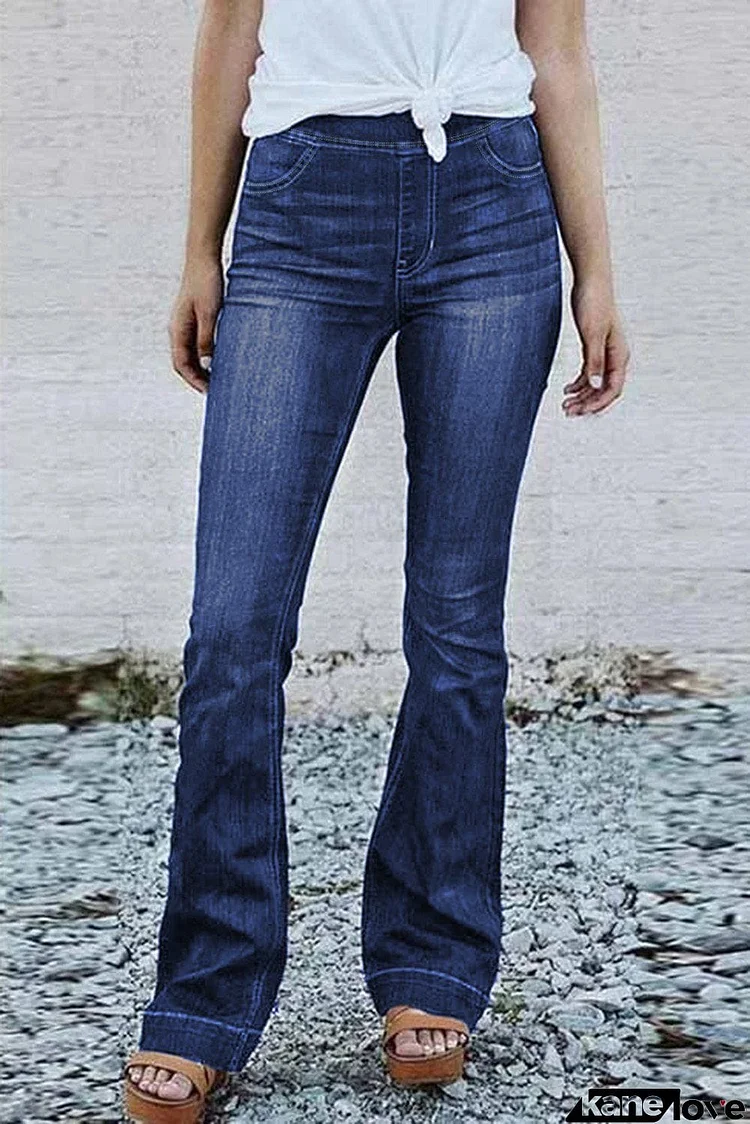 Fashion Women Blue High Rise Elastic Waist Flare Jeans