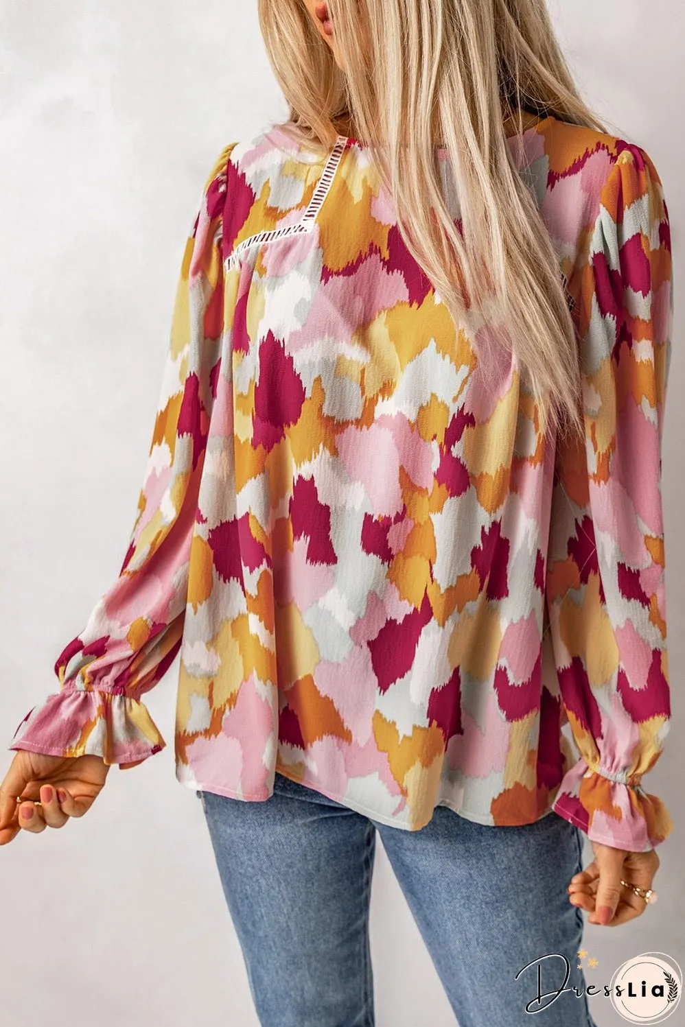 Printed Flounce Sleeve Buttoned Blouse