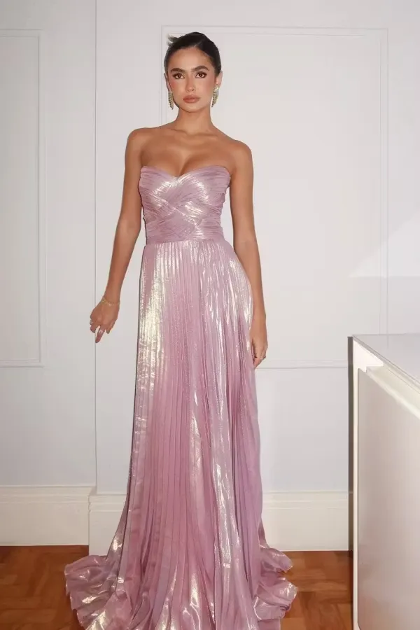 Shining V-Neck Strapless Sleeveless High-Waisted Long Pleated A-Line Prom Dress | WQ0302 Wellcucu