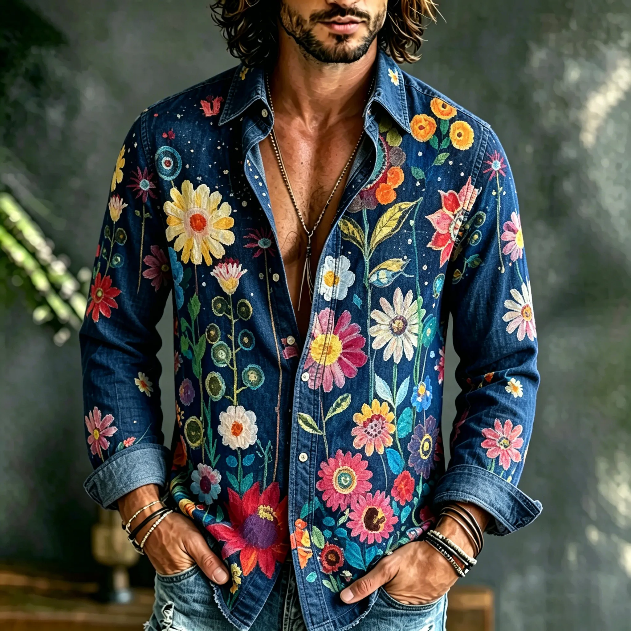 Men's Vintage Floral Art Print Long Sleeves Linen Shirt artswardrobe