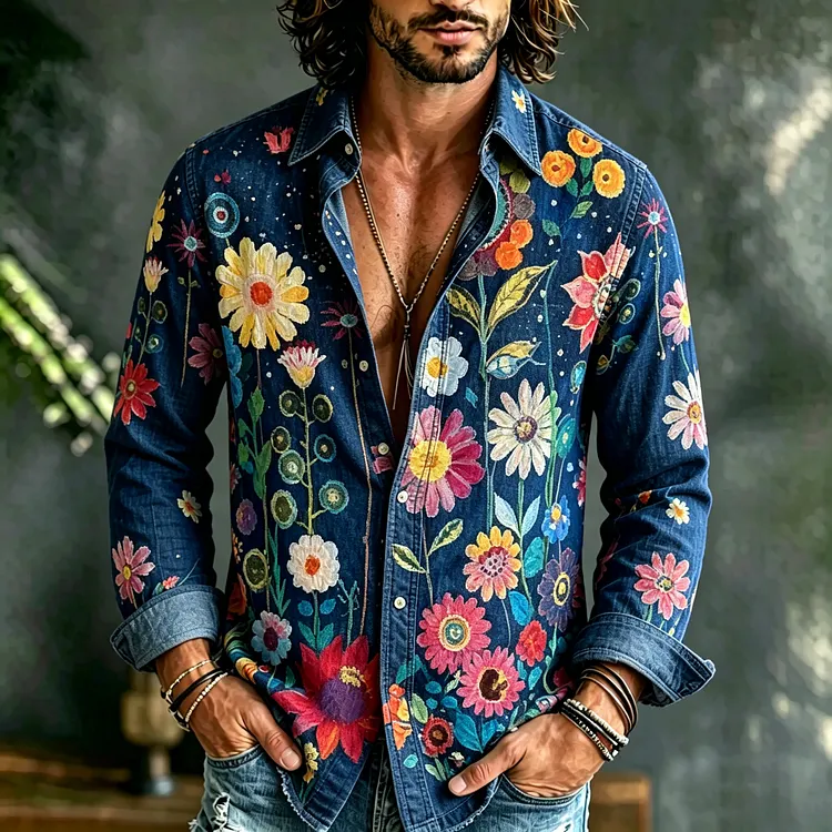 Men's Vintage Floral Art Print Long Sleeves Linen Shirt