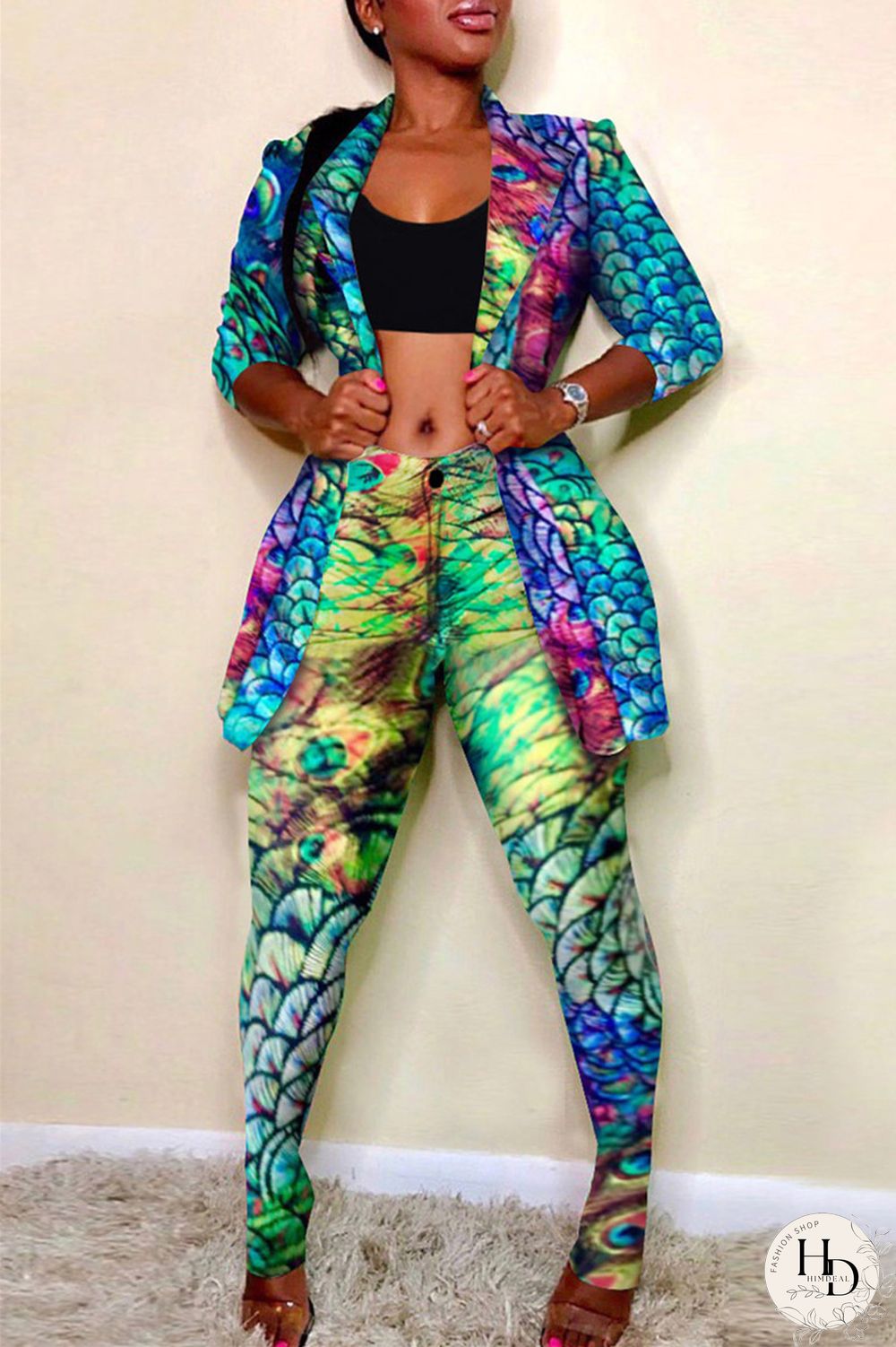 Turquoise Fashion Casual Print Cardigan Pants Turndown Collar Plus Size Two Pieces