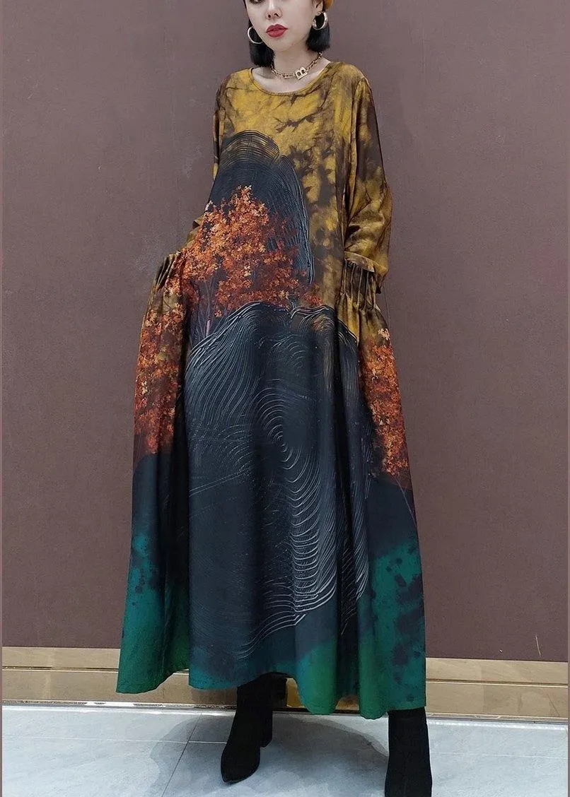 DIY O Neck Large Hem Spring Clothes Tunic Tops Yellow Print Vestidos De Lino Dresses