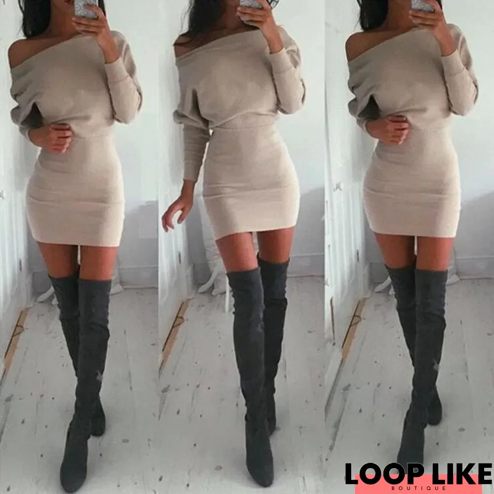 Off Shoulder Long Sleeve Cocktail Party Bodycon Casual Short Mini Cotton Dress