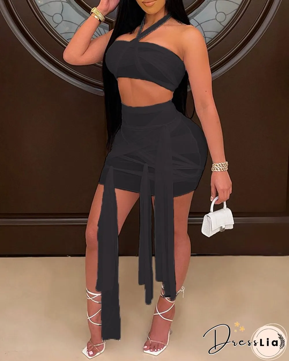Halter Sheer Mesh Crop Top & Knotted Skirt Set