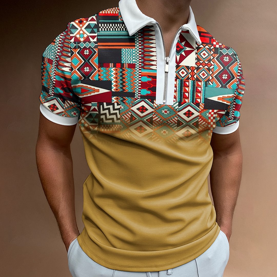 Men's Casual Western Ethnic Pattern Print Short Sleeve Zipper Polo Shirt-Compassnice®