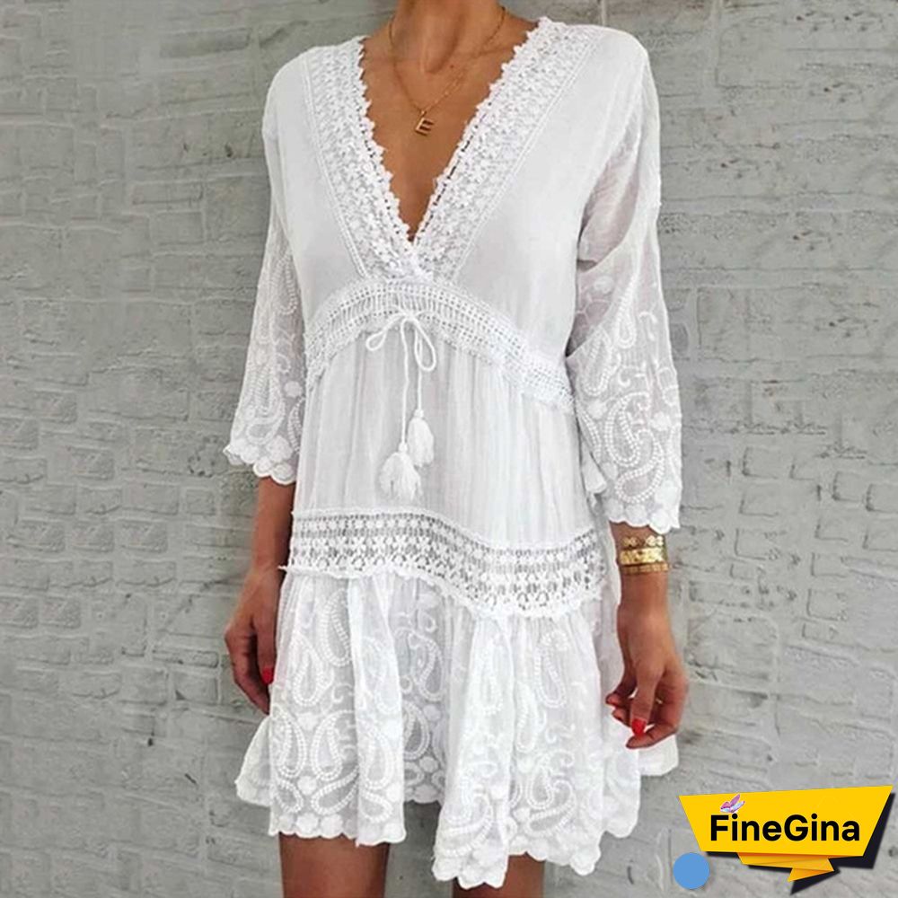 Women Fashion Floral Printed Dress Casual Beach Dress Summer V-neck Lace Dress Sexy Party Dress 3/4 Sleeve Boho Dress