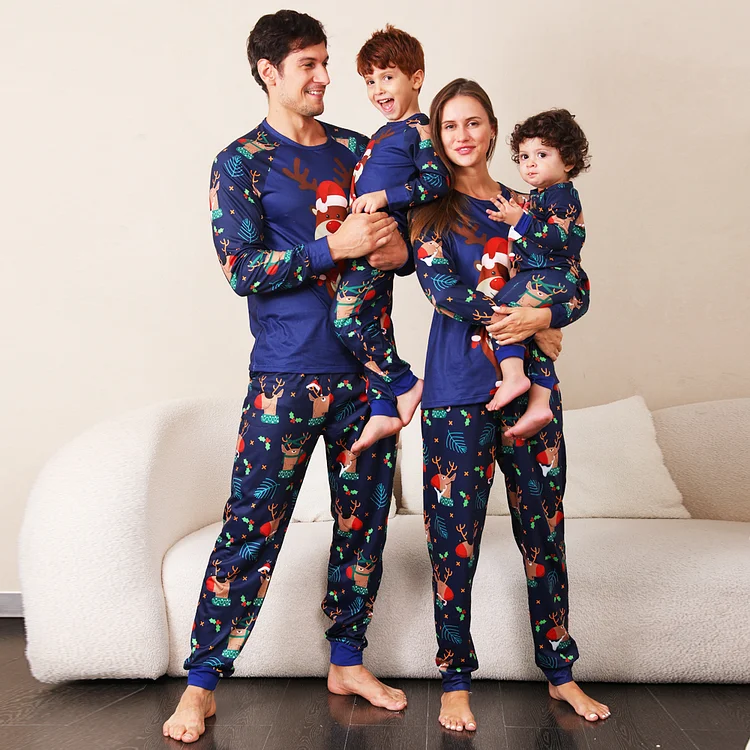 Christmas Deer Print Cartoon Print Family Matching Pajamas Set(Navy Blue)