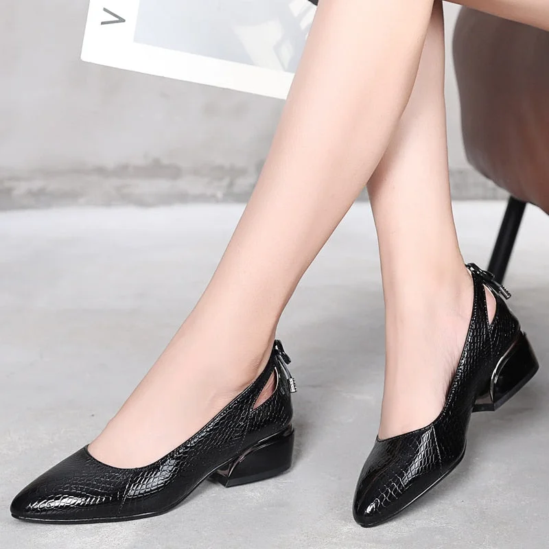 GKTINOO Women Pumps Concise Serpentine Genuine Leather Pointed Toe Shoes Thick Heel Spring Autumn Fashion Office Lady Shoes