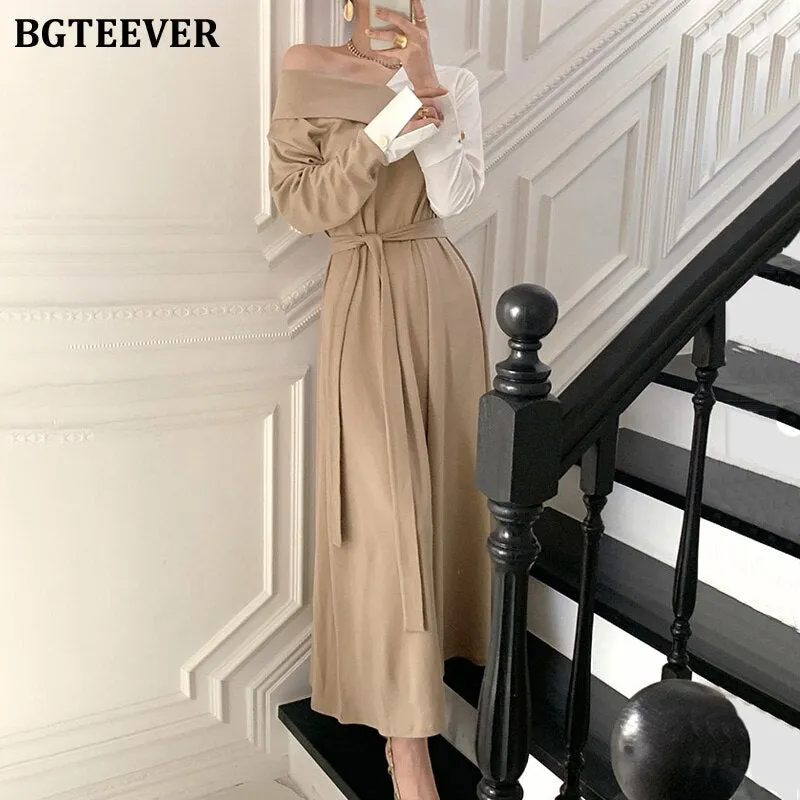 BGTEEEVR Stylish V-neck Patchwork Women A-line Dress Chic Full Sleeve Lace-up Long Female Dress Elegant Spring Dress Vestidos