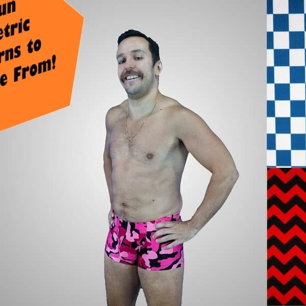 pornhint Pornhint Men's Pouch and Booty Swim Trunks in Geometric Prints, Red Zigzag, Blue Checker, Square Cut Swimsuit with Enhancing Pouch and Butt Seam