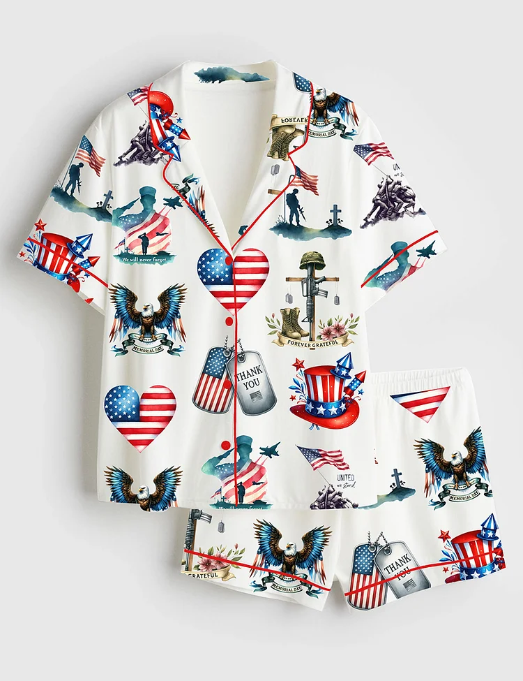 Women&rsquo;s Watercolor Memorial Day 4th of July Veteran Tribute Short Sleeve Satin Pajama Set