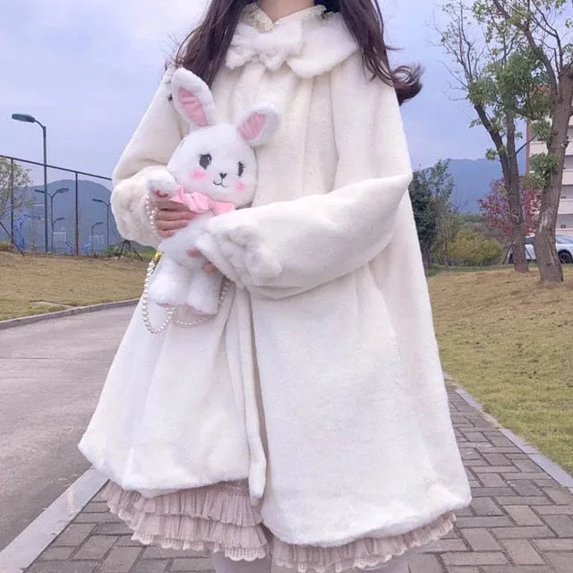Japanese Kawaii Faux Rabbit Furry Cute Padded Warm White Coat SP15568