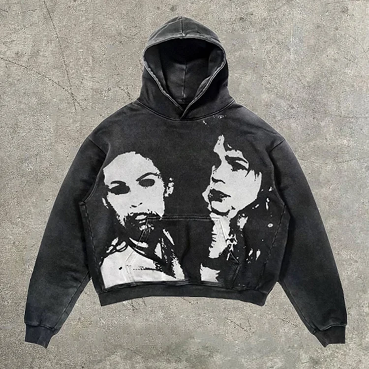 Vintage Quarreling Girls Graphic Acid Washed Oversized Hoodie